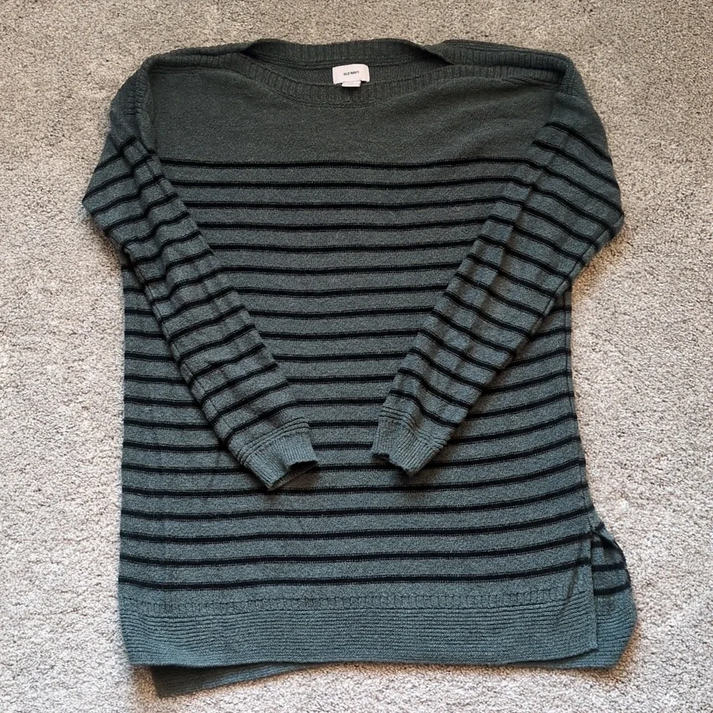 Old Navy green and black striped boatneck tunic sweater size medium